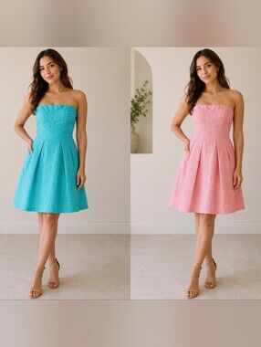 Lot 2 J.Crew Strapless Seersucker Cotton Dress Sz 2 1-Pink & 1-Turquoise Pleated